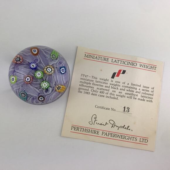 Perthshire PP47 1985 Millefiori Picture Cane Cat Bird Amethyst Paperweight Cert - Picture 2 of 16